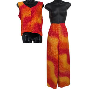 Vintage Faux Raindrop Silk Tank & Wrap Pants RIMA Beachwear ~ Red Orange Yellow